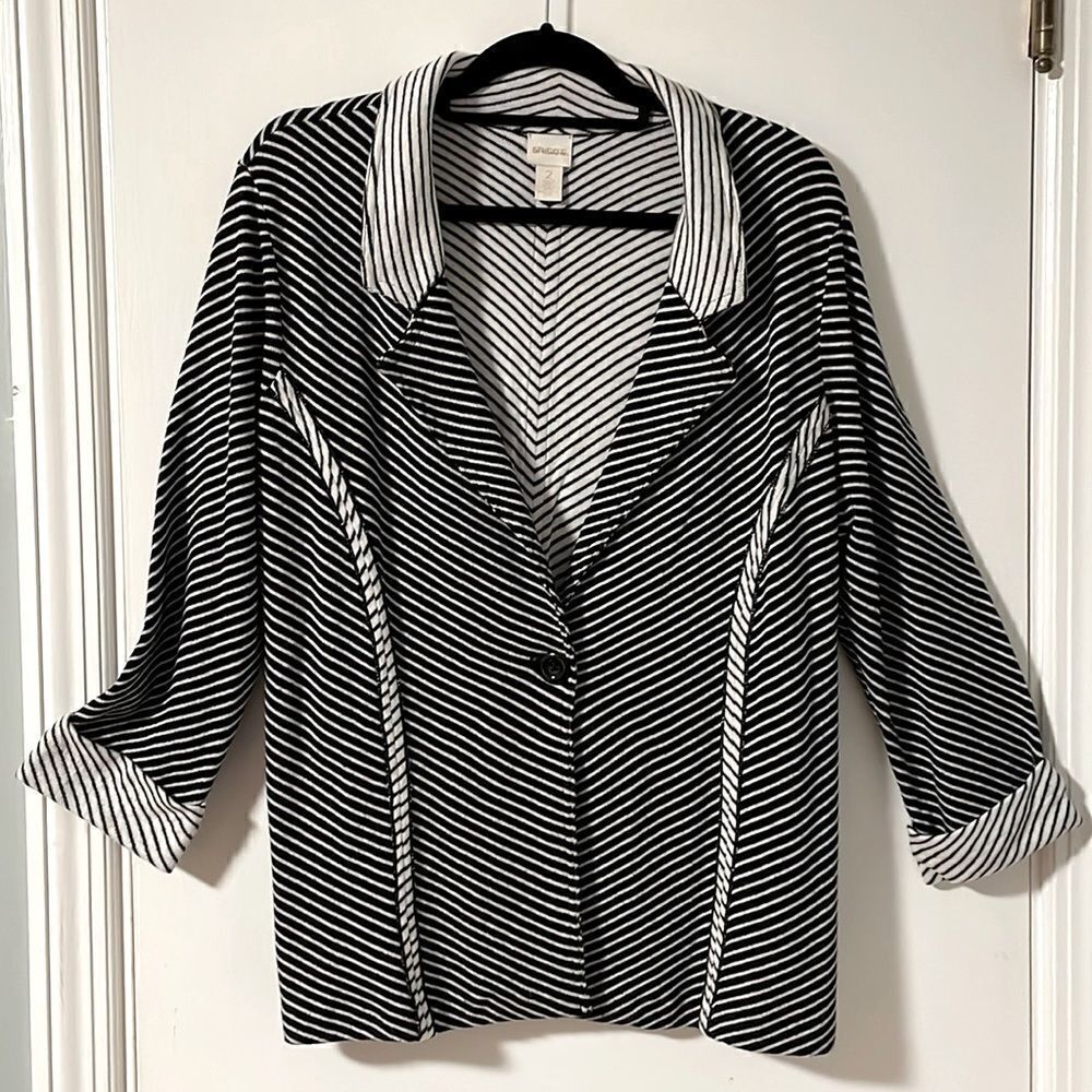Chico’s black and white stripe soft knit one button jacket w lapels size Medium